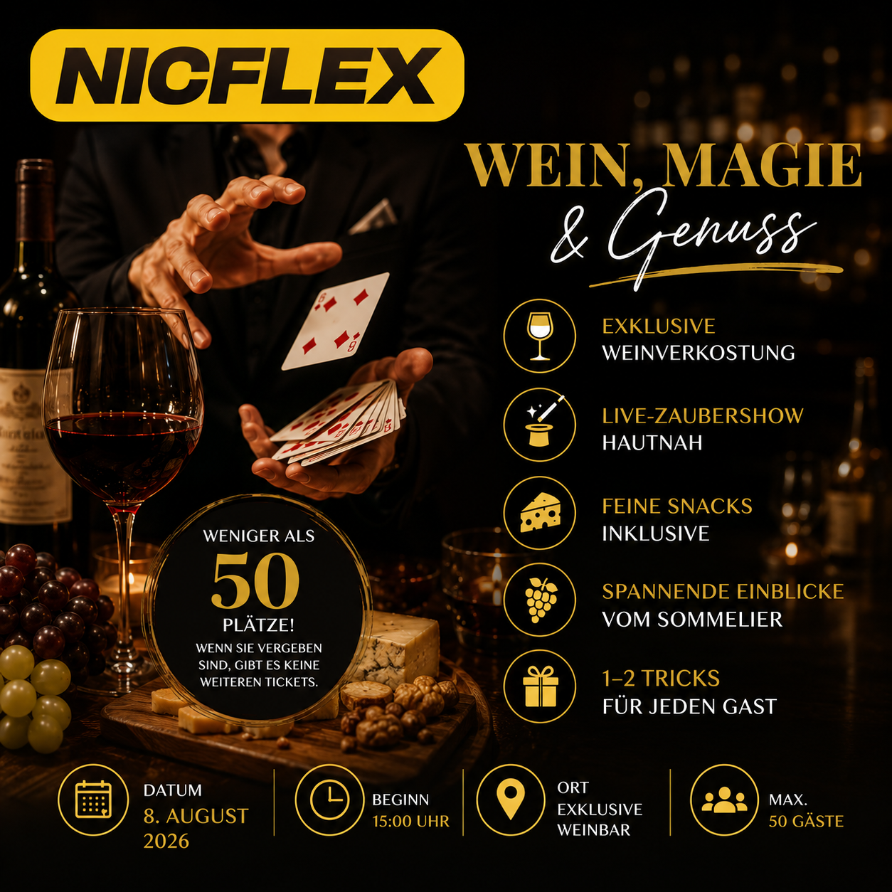 NICFLEX Live-Zaubershow und Weinverkostung am 8. August in Düsseldorf