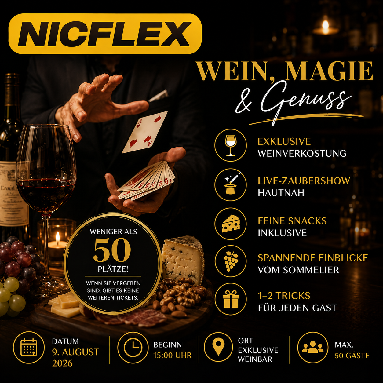 NICFLEX Live-Zaubershow und Weinverkostung am 9. August in Düsseldorf